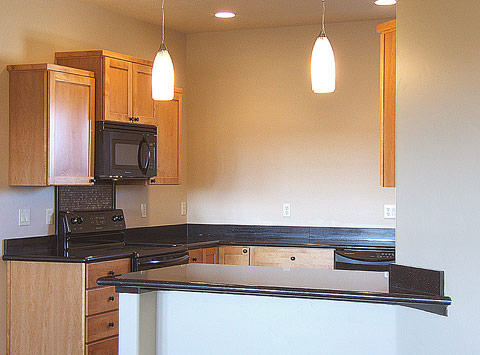 Black granite slab counters, breakfast bar...