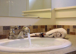 The richest architectural details - full bath on main level complete with bench-style storage, Copper Basin tile floor, Moen Castleby Roman bath valve (shown below)