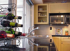 Stainless kitchen sink, views to the pool...